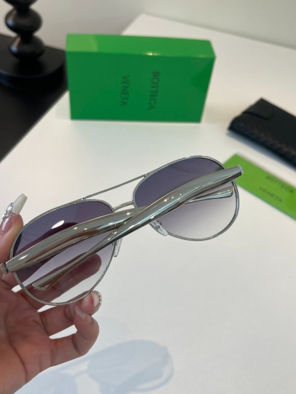 Bottega Veneta Silver Aviator Sunglasses, Gradient Gray UV Protection Shades - Picture 6 of 9